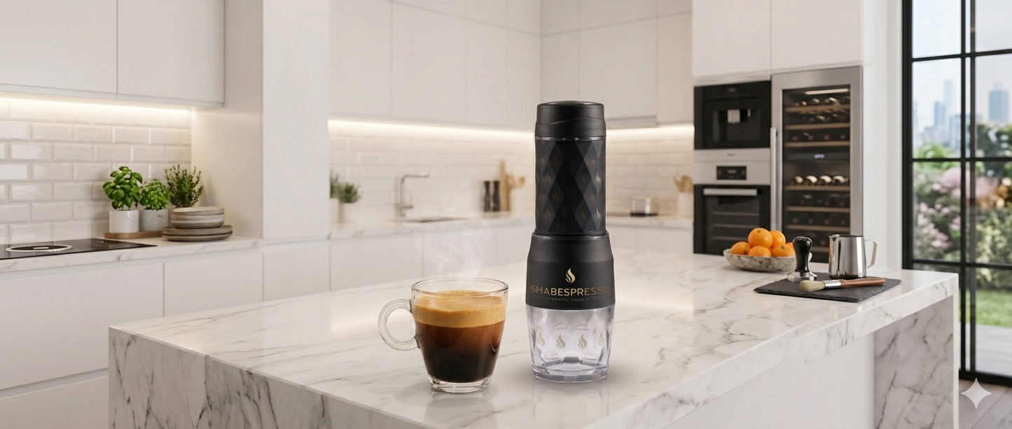 Shabespresso Soprano espresso maker on a kitchen counter with a fresh cup of espresso