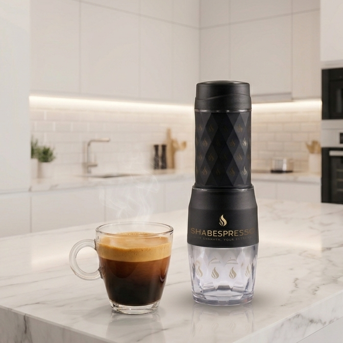 Shabespresso Soprano manual espresso maker with a fresh cup of espresso on a marble kitchen counter